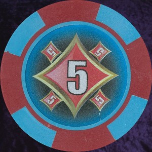 Red and Light Blue Four Block 11.5gm Poker Chip Numbered 5 Photo